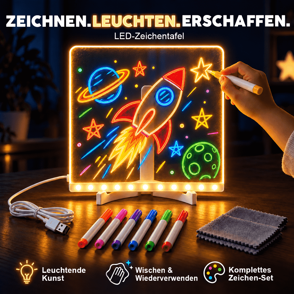 LED-Leuchtzeichenbrett für Kinder – Wiederverwendbares DIY-Malset mit 7 farbigen Stiften, Wischtuch und Ständer