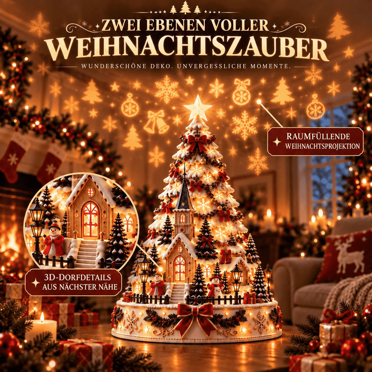 🎄 Magisches Weihnachtsdorf mit Projektion – 2 festliche Szenen