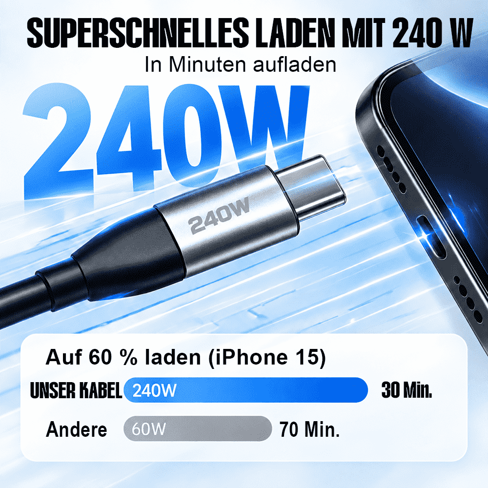 ⚡ 240W 2-in-1 USB-C-Schnellladekabel mit drehbarer Smartphone-Halterung