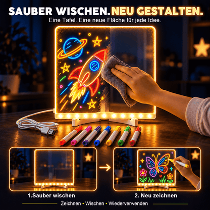 LED-Leuchtzeichenbrett für Kinder – Wiederverwendbares DIY-Malset mit 7 farbigen Stiften, Wischtuch und Ständer