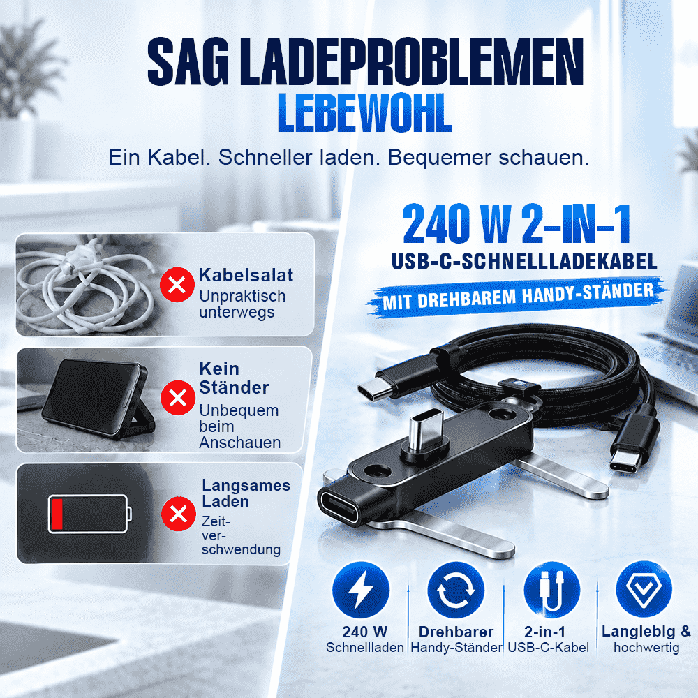 ⚡ 240W 2-in-1 USB-C-Schnellladekabel mit drehbarer Smartphone-Halterung