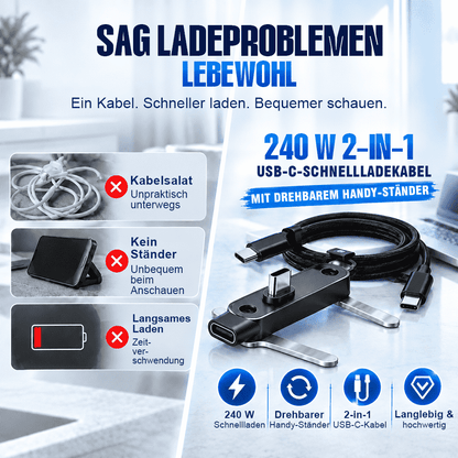 ⚡ 240W 2-in-1 USB-C-Schnellladekabel mit drehbarer Smartphone-Halterung