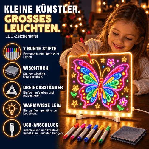 LED-Leuchtzeichenbrett für Kinder – Wiederverwendbares DIY-Malset mit 7 farbigen Stiften, Wischtuch und Ständer