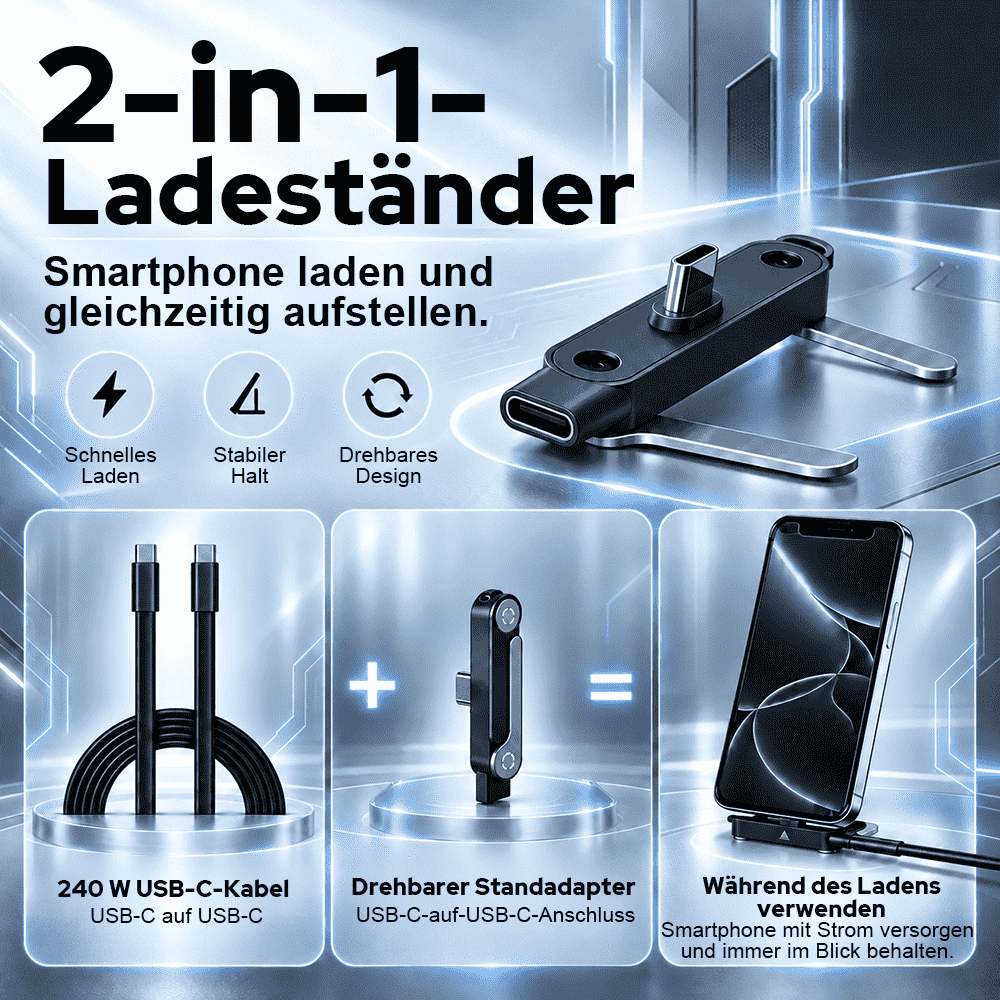 ⚡ 240W 2-in-1 USB-C-Schnellladekabel mit drehbarer Smartphone-Halterung