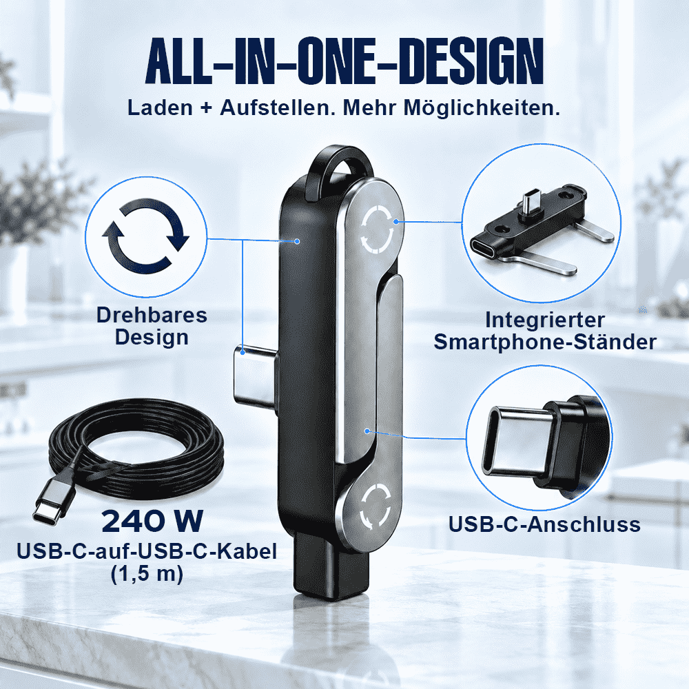 ⚡ 240W 2-in-1 USB-C-Schnellladekabel mit drehbarer Smartphone-Halterung
