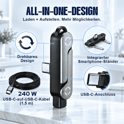 ⚡ 240W 2-in-1 USB-C-Schnellladekabel mit drehbarer Smartphone-Halterung