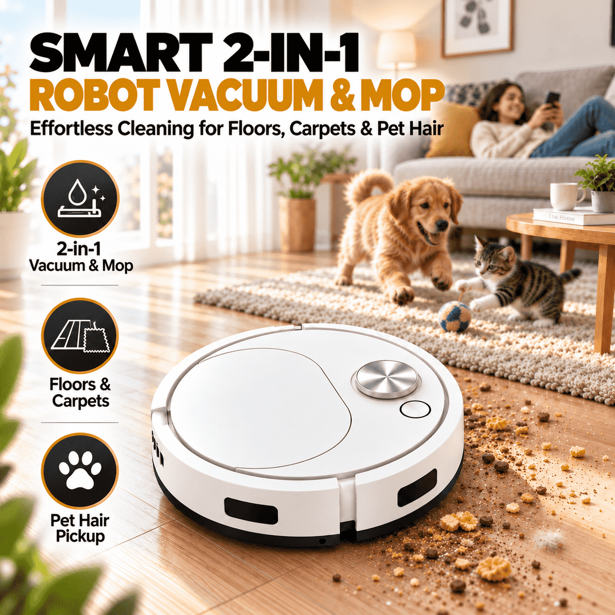 Intelligenter 2-in-1 Saug- und Wischroboter – Mühelose Reinigung für Hartböden, Teppiche & Tierhaare🍀